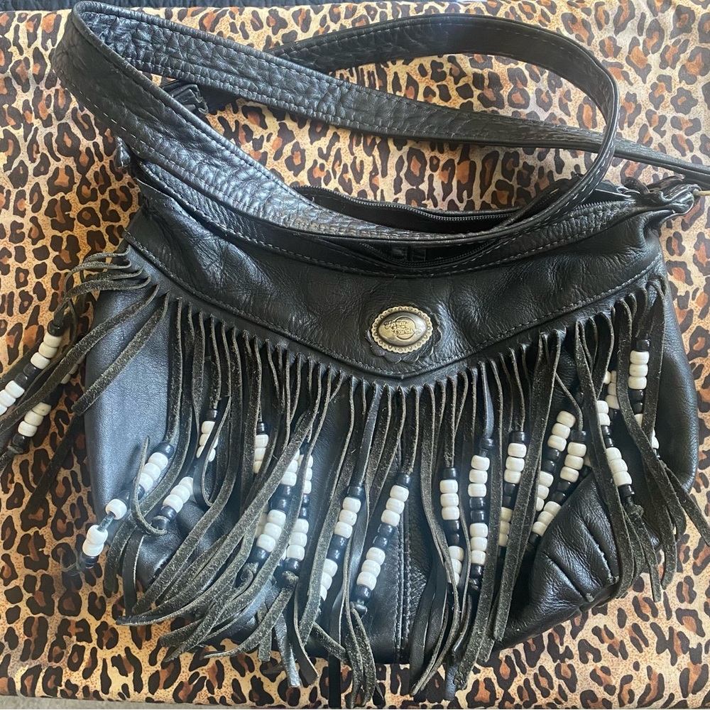 Harley-Davidson black leather beaded fringe purse vintage well loved